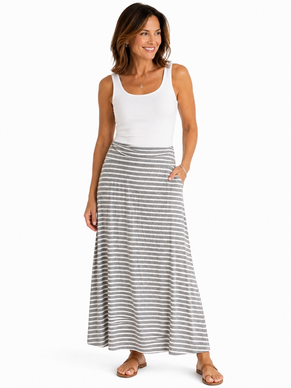 J.Crew Womens S Gray White Striped Maxi Skirt Modal Stretch Pull On